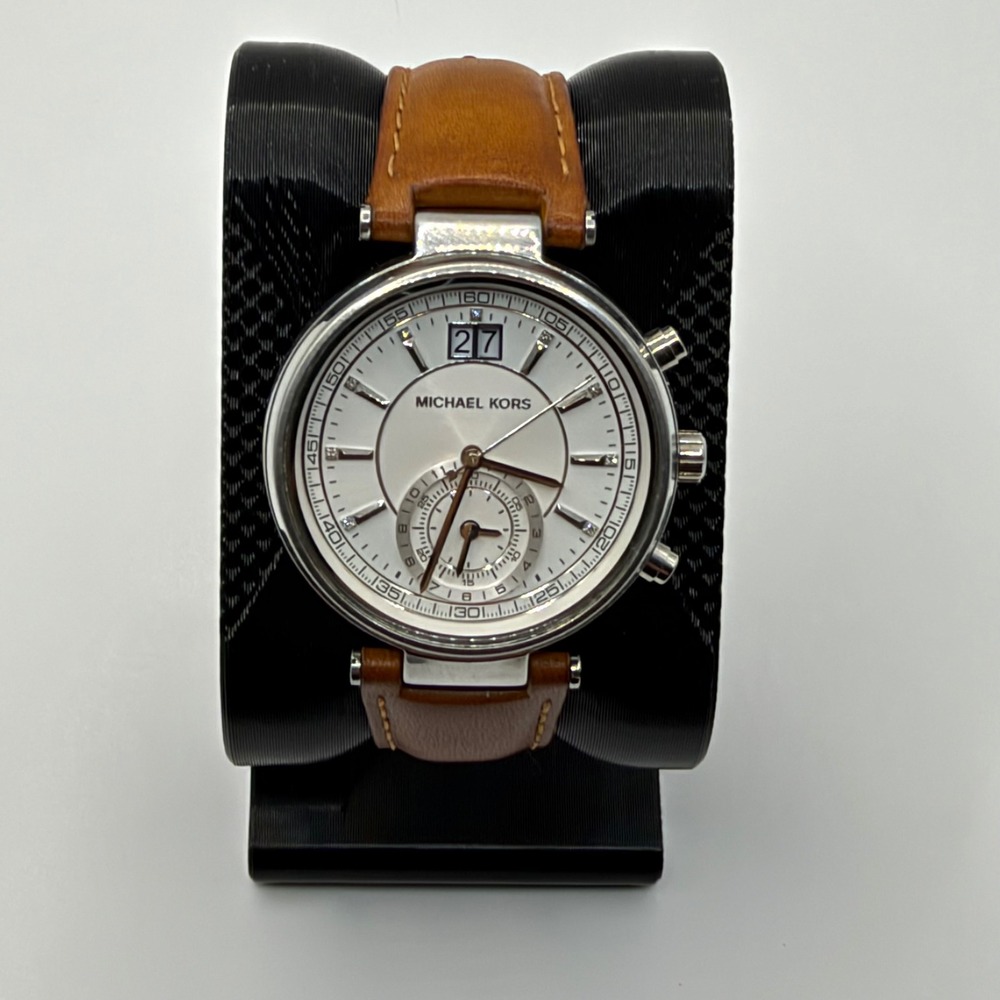 Michael Kors Watch Sawyer Women Brown Leather Strap Silver Case MK-2527 Classic
